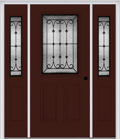 MMI 1/2 Lite 2 Panel 6'8" Fiberglass Smooth Chateau Wrought Iron Exterior Prehung Door With 2 Half Lite Chateau Wrought Iron Decorative Glass Sidelights 684