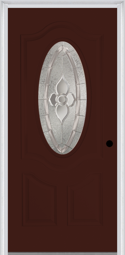 MMI Small Oval 2 Panel Deluxe 6'8" Fiberglass Smooth Nouveau Nickel Or Nouveau Patina Decorative Glass Exterior Prehung Door 749