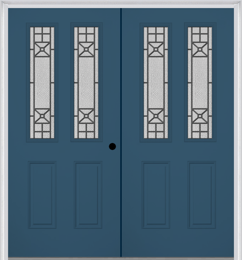 MMI TWIN/DOUBLE 2-1/2 LITE 2 PANEL 6'8" FIBERGLASS SMOOTH COURTYARD NICKEL VEIN WROUGHT IRON DECORATIVE GLASS EXTERIOR PREHUNG DOOR 692