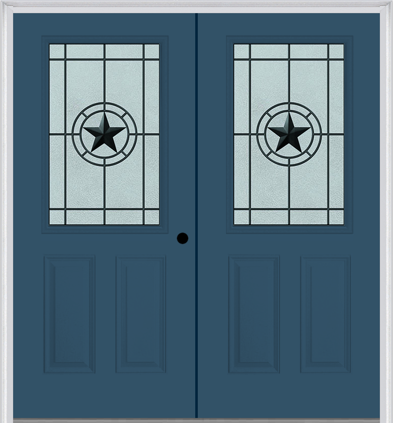 MMI TWIN/DOUBLE 1/2 LITE 2 PANEL 6'8" FIBERGLASS SMOOTH ELEGANT STAR WROUGHT IRON DECORATIVE GLASS EXTERIOR PREHUNG DOOR 684