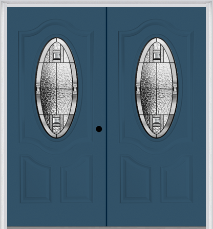 MMI Twin/Double Small Oval 2 Panel Deluxe 6'8" Fiberglass Smooth Noble Patina Decorative Glass Exterior Prehung Door 749