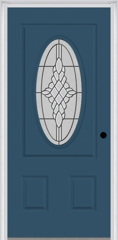 MMI Small Oval 2 Panel 6'8" Fiberglass Smooth Grace Nickel Or Grace Patina Decorative Glass Exterior Prehung Door 949