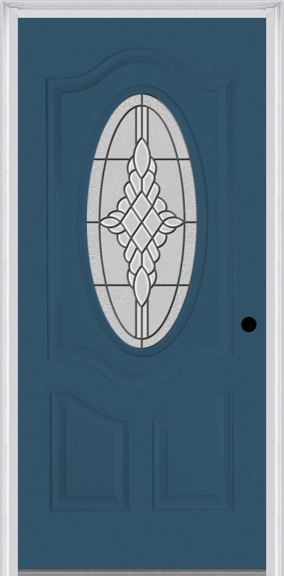 MMI Small Oval 2 Panel Deluxe 6'8" Fiberglass Smooth Grace Nickel Or Grace Patina Decorative Glass Exterior Prehung Door 749