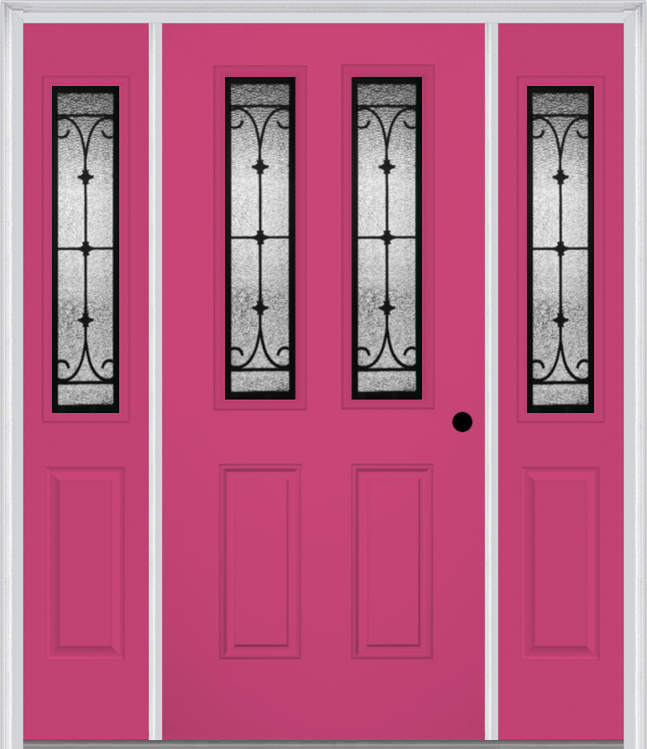 MMI 2-1/2 Lite 2 Panel 6'8" Fiberglass Smooth Chateau Wrought Iron Exterior Prehung Door With 2 Half Lite Chateau Wrought Iron Decorative Glass Sidelights 692