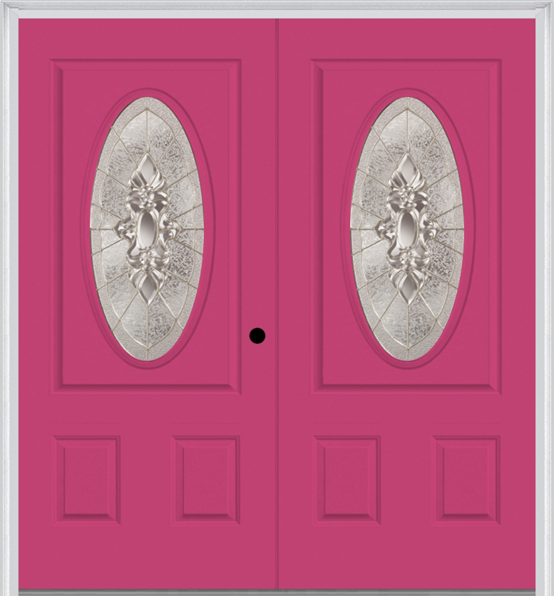 MMI Twin/Double Small Oval 2 Panel 6'8" Fiberglass Smooth Heirlooms Brass Or Heirlooms Satin Nickel Decorative Glass Exterior Prehung Door 949