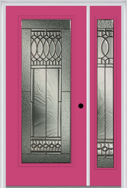 MMI Full Lite 6'8" Fiberglass Smooth Paris Patina Exterior Prehung Door With 1 Full Lite Paris Patina Decorative Glass Sidelight 686