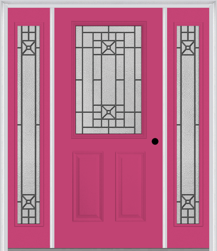MMI 1/2 Lite 2 Panel 6'8" Fiberglass Smooth Courtyard Nickel Vein Wrought Iron Exterior Prehung Door With 2 Full Lite Courtyard Nickel Vein Wrought Iron Decorative Glass Sidelights 684