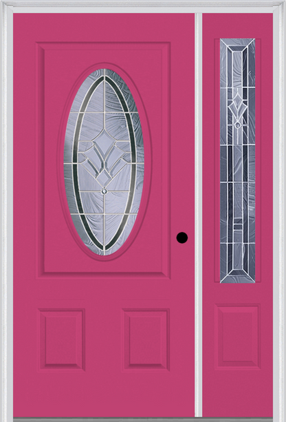MMI SMALL OVAL 2 PANEL 3'0" X 6'8" FIBERGLASS SMOOTH RADIANT HUES NICKEL EXTERIOR PREHUNG DOOR WITH 1 RADIANT HUES NICKEL 3/4 LITE DECORATIVE GLASS SIDELIGHT 949