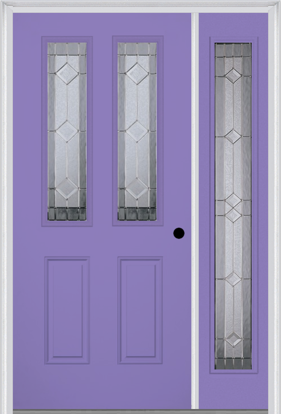 MMI 2-1/2 Lite 2 Panel 6'8" Fiberglass Smooth Majestic Nickel Exterior Prehung Door With 1 Full Lite Majestic Nickel Decorative Glass Sidelight 692