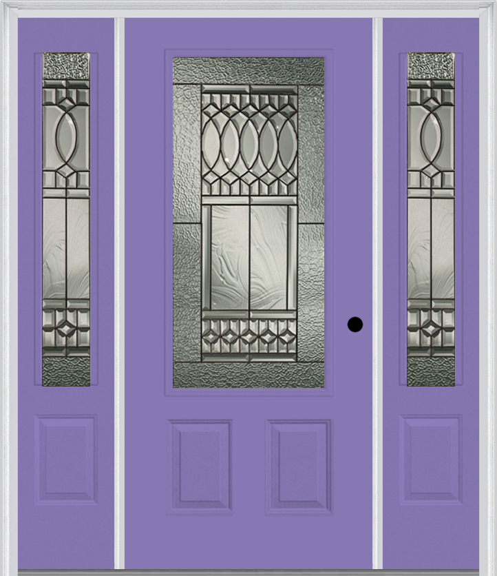 MMI 3/4 Lite 2 Panel 6'8" Fiberglass Smooth Paris Patina Exterior Prehung Door With 2 Paris Patina 3/4 Lite Decorative Glass Sidelights 607