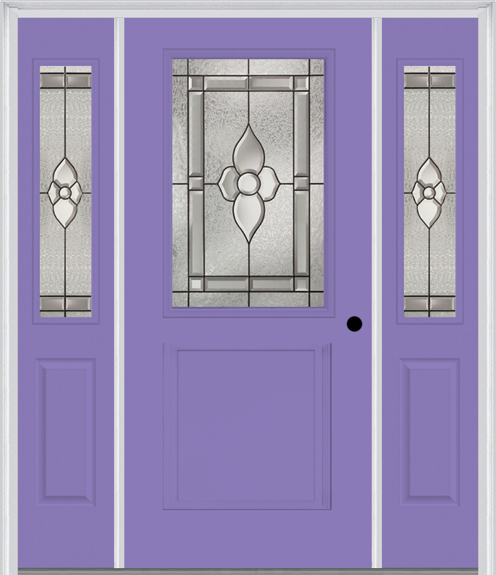 MMI 1/2 Lite 1 Panel 6'8" Fiberglass Smooth Nouveau Nickel Or Nouveau Patina Exterior Prehung Door With 2 Half Lite Nouveau Brass/Nickel/Patina Decorative Glass Sidelights 682