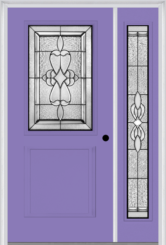 MMI 1/2 Lite 1 Panel 6'8" Fiberglass Smooth Jamestown Patina Exterior Prehung Door With 1 Full Lite Jamestown Patina Decorative Glass Sidelight 682