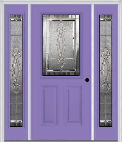 MMI 1/2 Lite 2 Panel 6'8" Fiberglass Smooth Belaire Zinc Exterior Prehung Door With 2 Full Lite Belaire Zinc Decorative Glass Sidelights 684