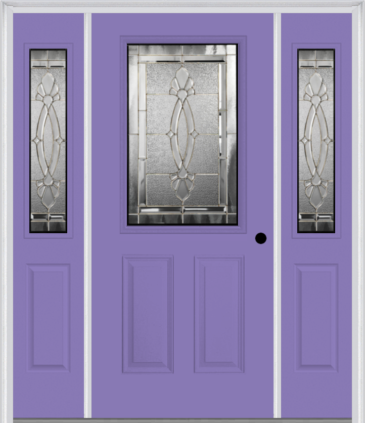 MMI 1/2 Lite 2 Panel 6'8" Fiberglass Smooth Belaire Zinc Exterior Prehung Door With 2 Half Lite Belaire Zinc Decorative Glass Sidelights 684