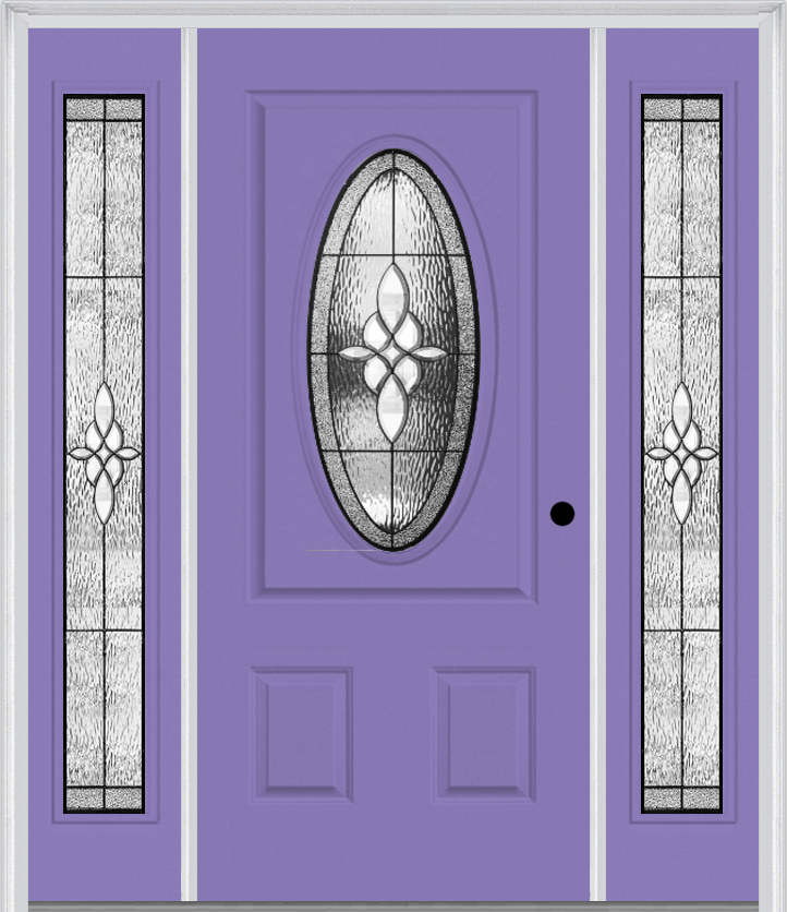 MMI SMALL OVAL 2 PANEL 6'8" FIBERGLASS SMOOTH LUMIERE PATINA EXTERIOR PREHUNG DOOR WITH 2 FULL LITE LUMIERE PATINA DECORATIVE GLASS SIDELIGHTS 949