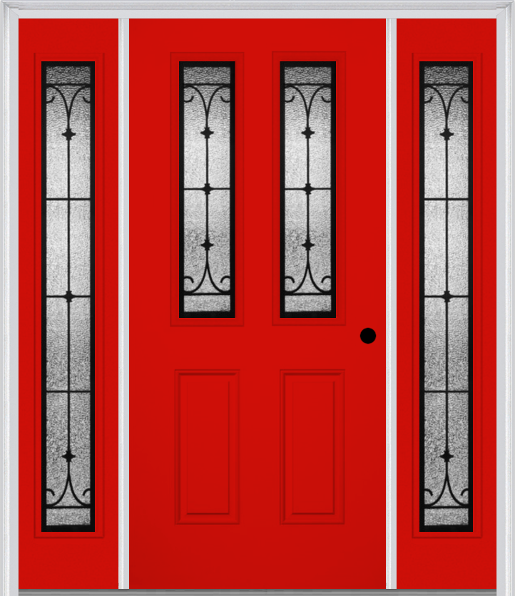 MMI 2-1/2 Lite 2 Panel 6'8" Fiberglass Smooth Chateau Wrought Iron Exterior Prehung Door With 2 Full Lite Chateau Wrought Iron Decorative Glass Sidelights 692