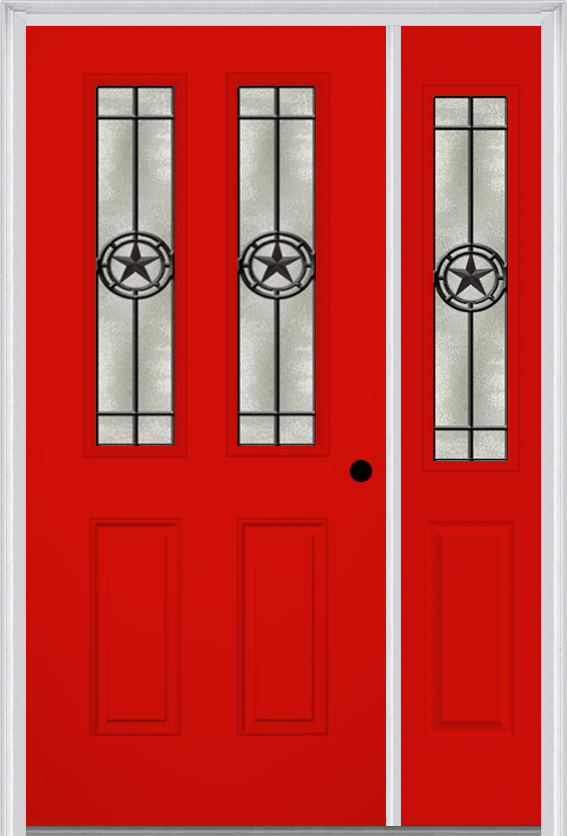 MMI 2-1/2 Lite 2 Panel 6'8" Fiberglass Smooth Elegant Star Wrought Iron Exterior Prehung Door With 1 Half Lite Elegant Star Wrought Iron Decorative Glass Sidelight 692