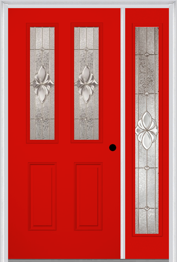 MMI 2-1/2 Lite 2 Panel 3'0" X 6'8" Fiberglass Smooth Heirlooms Brass Or Heirlooms Satin Nickel Exterior Prehung Door With 1 Full Lite Heirlooms Brass/Satin Nickel Decorative Glass Sidelight 692