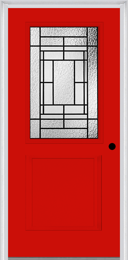 MMI 1/2 Lite 1 Panel 6'8" Fiberglass Smooth Pembrook Patina Decorative Glass Exterior Prehung Door 682