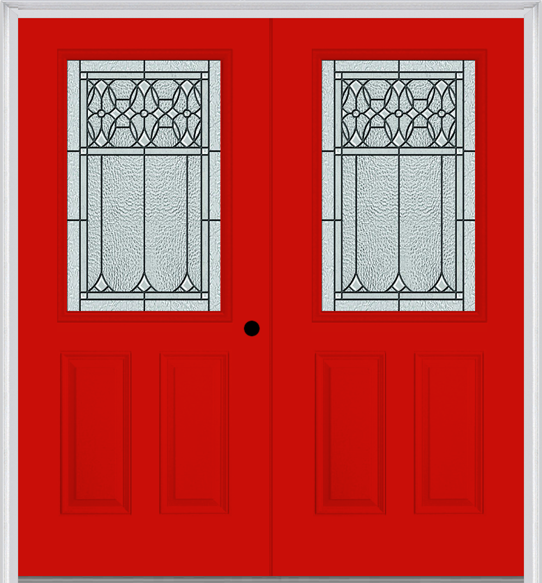 MMI TWIN/DOUBLE 1/2 LITE 2 PANEL 6'8" FIBERGLASS SMOOTH SELWYN PATINA DECORATIVE GLASS EXTERIOR PREHUNG DOOR 684