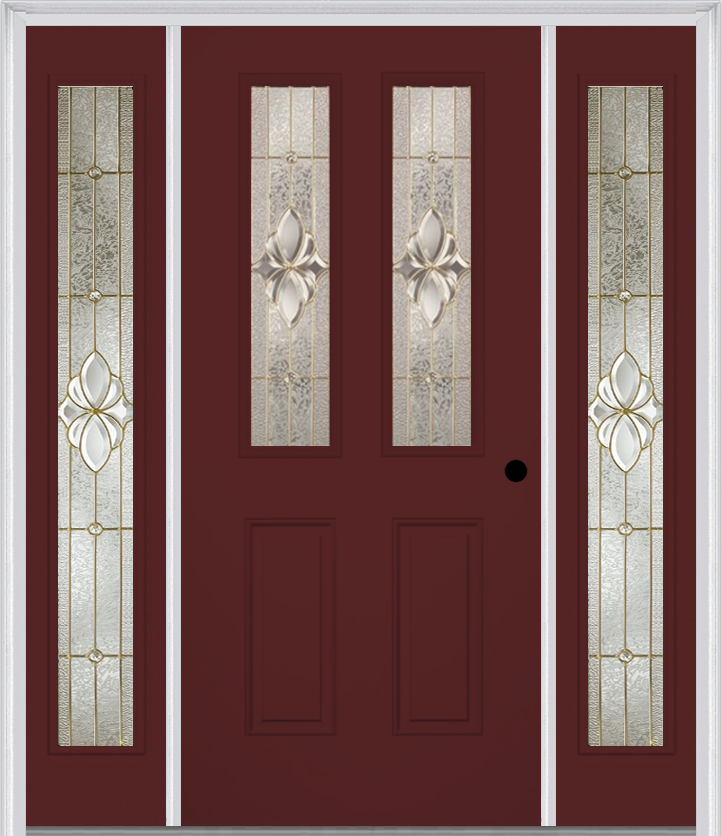 MMI 2-1/2 Lite 2 Panel 6'8" Fiberglass Smooth Heirlooms Brass Or Heirlooms Satin Nickel Exterior Prehung Door With 2 Full Lite Heirlooms Brass/Satin Nickel Decorative Glass Sidelights 692
