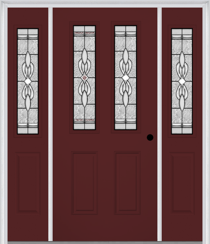 MMI 2-1/2 Lite 2 Panel 6'8" Fiberglass Smooth Jamestown Patina Exterior Prehung Door With 2 Half Lite Jamestown Patina Decorative Glass Sidelights 692