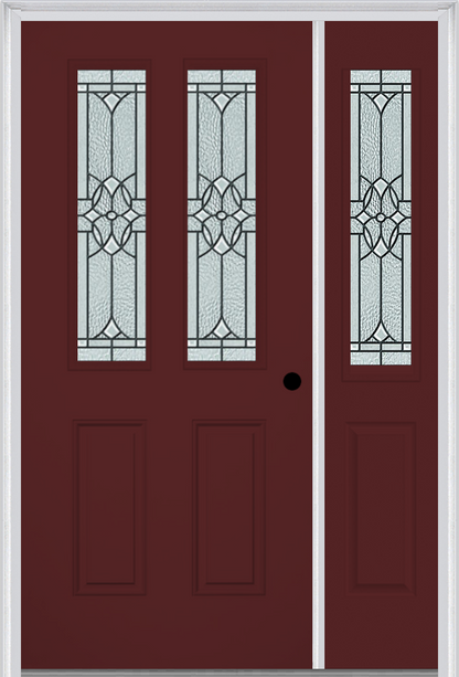 MMI 2-1/2 Lite 2 Panel 6'8" Fiberglass Smooth Selwyn Patina Exterior Prehung Door With 1 Half Lite Selwyn Patina Decorative Glass Sidelight 692