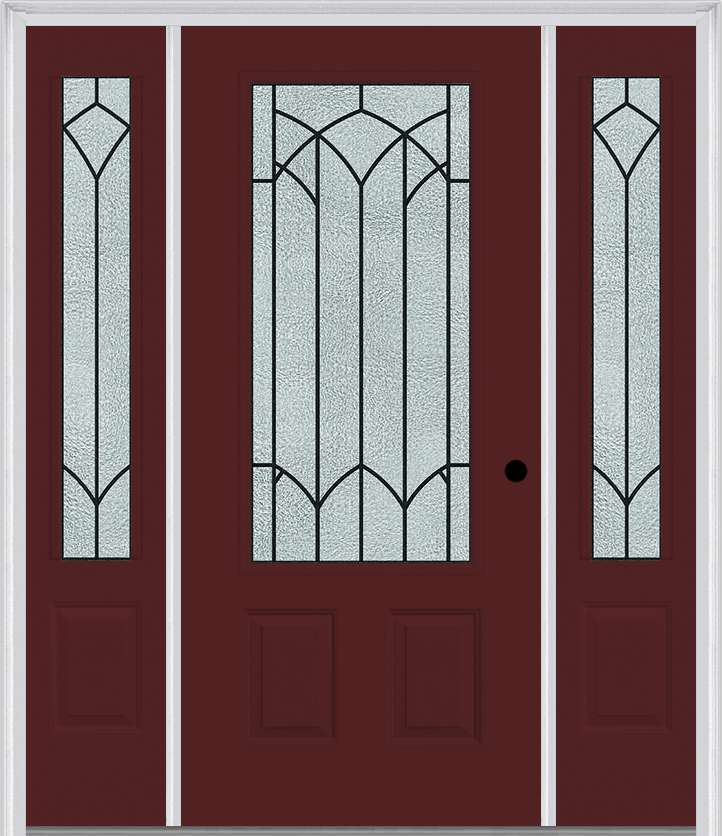 MMI 3/4 Lite 2 Panel 6'8" Fiberglass Smooth Montclaire Wrought Iron Exterior Prehung Door With 2 Montclaire Wrought Iron 3/4 Lite Decorative Glass Sidelights 607
