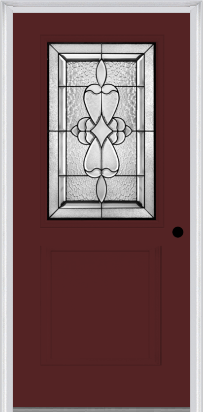 MMI 1/2 Lite 1 Panel 6'8" Fiberglass Smooth Jamestown Patina Decorative Glass Exterior Prehung Door 682