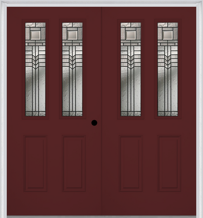 MMI TWIN/DOUBLE 2-1/2 LITE 2 PANEL 6'8" FIBERGLASS SMOOTH OAK PARK PATINA DECORATIVE GLASS EXTERIOR PREHUNG DOOR 692