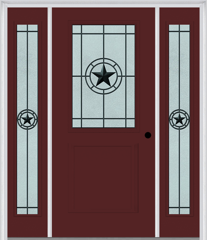 MMI 1/2 Lite 1 Panel 6'8" Fiberglass Smooth Elegant Star Wrought Iron Exterior Prehung Door With 2 Full Lite Elegant Star Wrought Iron Decorative Glass Sidelights 682