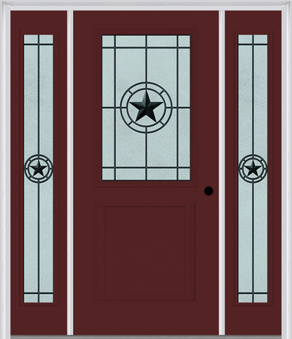 MMI 1/2 Lite 1 Panel 6'8" Fiberglass Smooth Elegant Star Wrought Iron Exterior Prehung Door With 2 Full Lite Elegant Star Wrought Iron Decorative Glass Sidelights 682