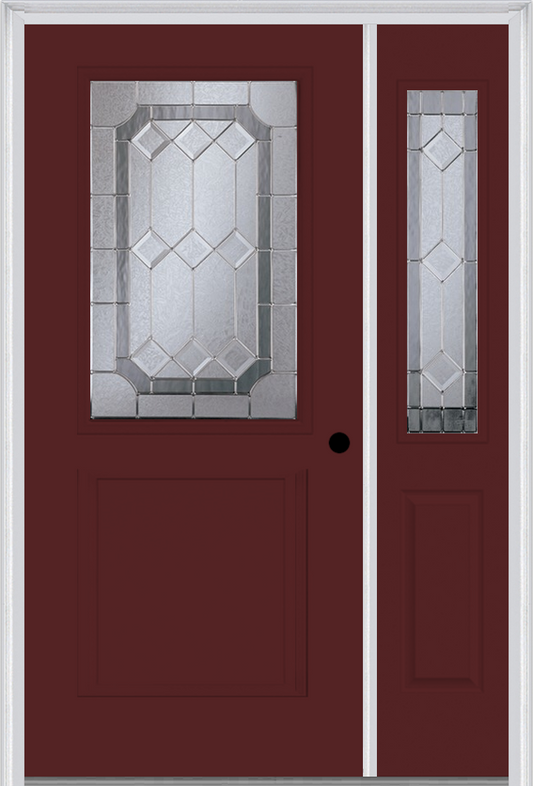 MMI 1/2 Lite 1 Panel 6'8" Fiberglass Smooth Majestic Nickel Exterior Prehung Door With 1 Half Lite Majestic Brass/Nickel Decorative Glass Sidelight 682