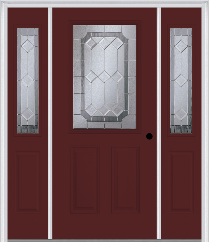 MMI 1/2 Lite 2 Panel 6'8" Fiberglass Smooth Majestic Nickel Exterior Prehung Door With 2 Half Lite Majestic Brass/Nickel Decorative Glass Sidelights 684