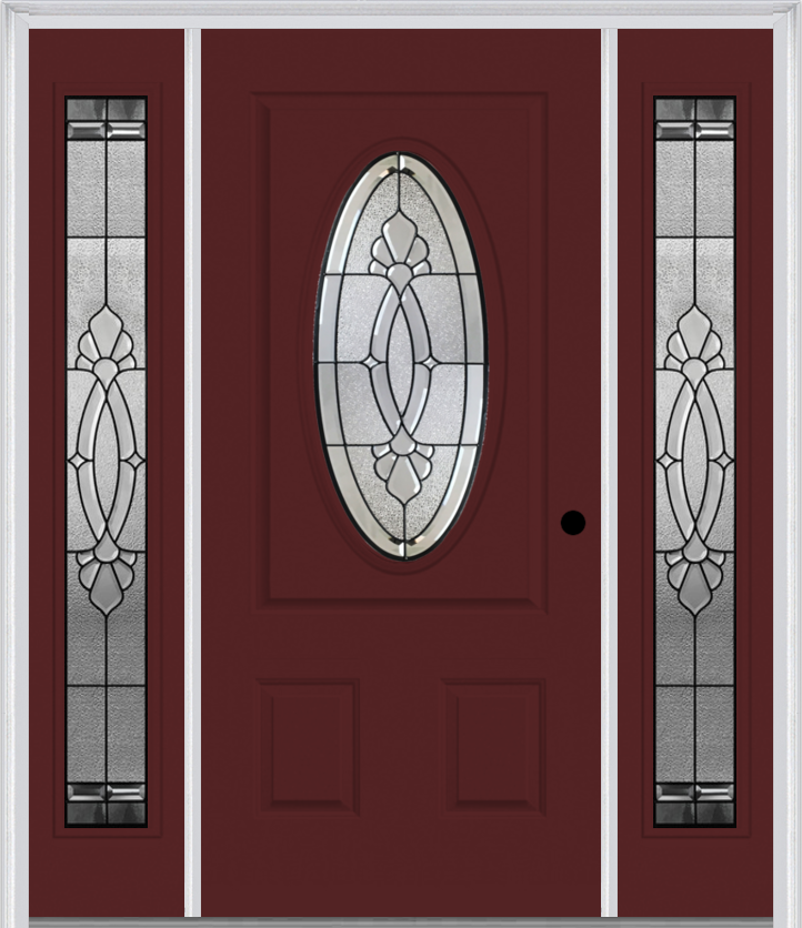 MMI SMALL OVAL 2 PANEL 6'8" FIBERGLASS SMOOTH BELAIRE PATINA EXTERIOR PREHUNG DOOR WITH 2 FULL LITE BELAIRE PATINA DECORATIVE GLASS SIDELIGHTS 949