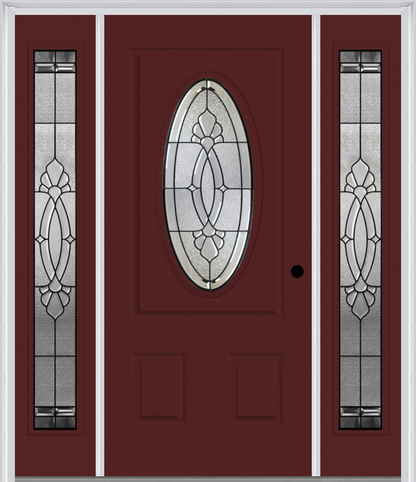 MMI SMALL OVAL 2 PANEL 6'8" FIBERGLASS SMOOTH BELAIRE PATINA EXTERIOR PREHUNG DOOR WITH 2 FULL LITE BELAIRE PATINA DECORATIVE GLASS SIDELIGHTS 949