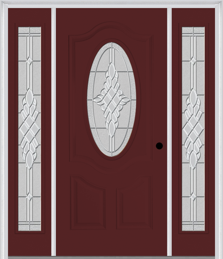 MMI SMALL OVAL 2 PANEL DELUXE 6'8" FIBERGLASS SMOOTH GRACE NICKEL OR GRACE PATINA EXTERIOR PREHUNG DOOR WITH 2 FULL LITE GRACE NICKEL/PATINA DECORATIVE GLASS SIDELIGHTS 749