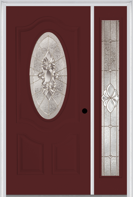MMI Small Oval 2 Panel Deluxe 3'0" X 6'8" Fiberglass Smooth Heirlooms Brass Or Heirlooms Satin Nickel Exterior Prehung Door With 1 Full Lite Heirlooms Brass/Satin Nickel Decorative Glass Sidelight 749