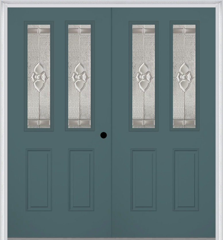 MMI TWIN/DOUBLE 2-1/2 LITE 2 PANEL 6'8" FIBERGLASS SMOOTH NOUVEAU BRASS, NOUVEAU NICKEL, OR NOUVEAU PATINA DECORATIVE GLASS EXTERIOR PREHUNG DOOR 692