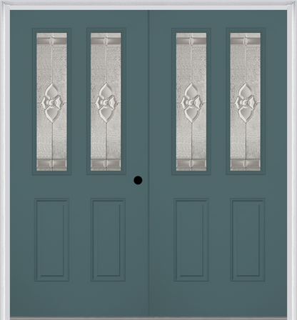 MMI TWIN/DOUBLE 2-1/2 LITE 2 PANEL 6'8" FIBERGLASS SMOOTH NOUVEAU BRASS, NOUVEAU NICKEL, OR NOUVEAU PATINA DECORATIVE GLASS EXTERIOR PREHUNG DOOR 692