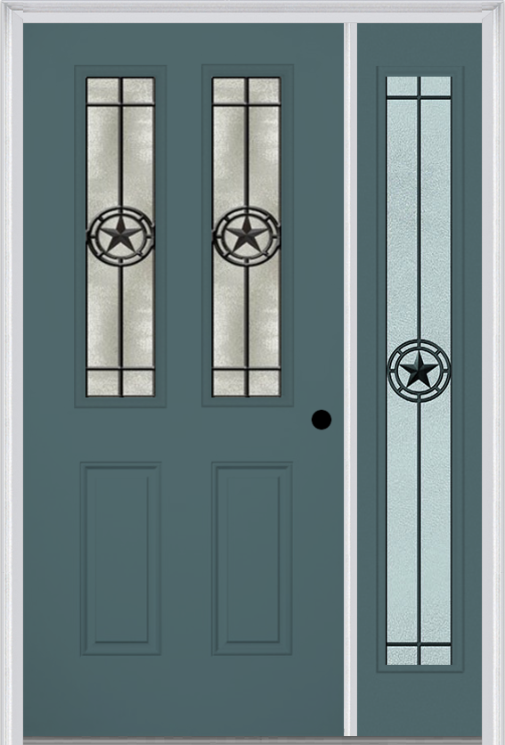 MMI 2-1/2 Lite 2 Panel 6'8" Fiberglass Smooth Elegant Star Wrought Iron Exterior Prehung Door With 1 Full Lite Elegant Star Wrought Iron Decorative Glass Sidelight 692