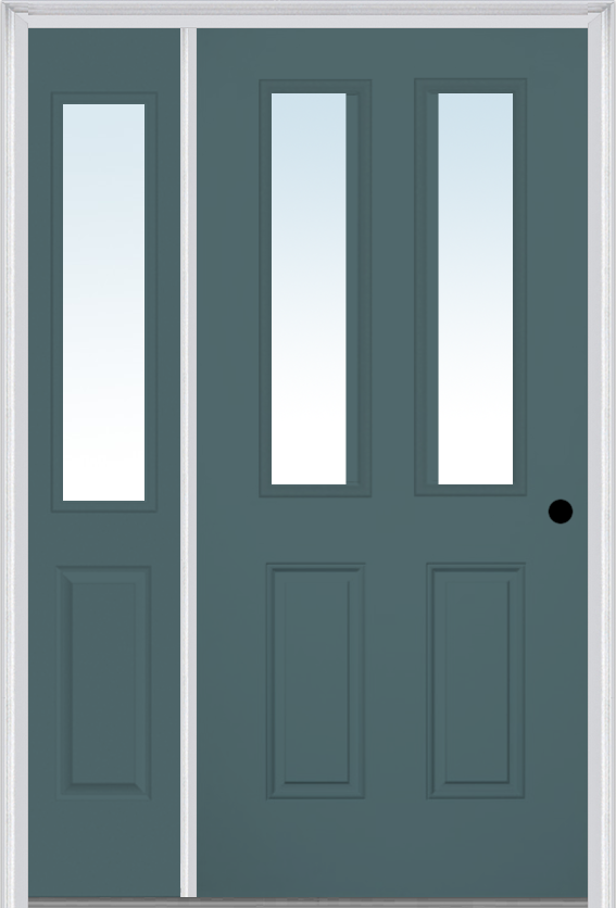 MMI 2-1/2 Lite 2 Panel 3'0" X 6'8" Fiberglass Smooth Exterior Prehung Door With 1 Half Lite Clear Glass Sidelight 62