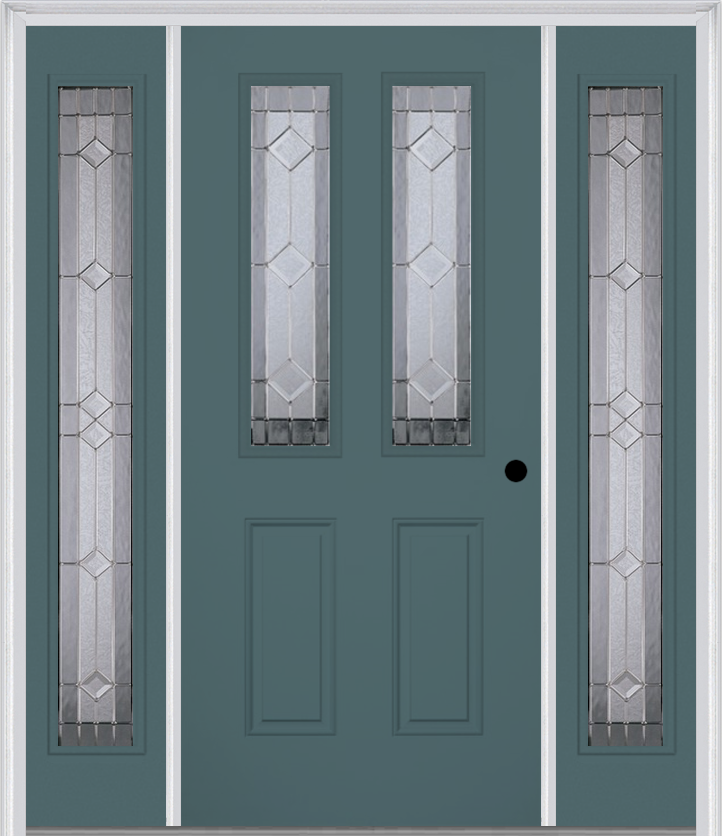MMI 2-1/2 Lite 2 Panel 6'8" Fiberglass Smooth Majestic Nickel Exterior Prehung Door With 2 Full Lite Majestic Nickel Decorative Glass Sidelights 692