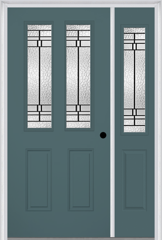 MMI 2-1/2 Lite 2 Panel 6'8" Fiberglass Smooth Pembrook Patina Exterior Prehung Door With 1 Half Lite Pembrook Patina Decorative Glass Sidelight 692