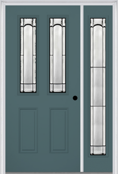 MMI 2-1/2 Lite 2 Panel 6'8" Fiberglass Smooth Soleil Patina Exterior Prehung Door With 1 Full Lite Soleil Patina Decorative Glass Sidelight 692