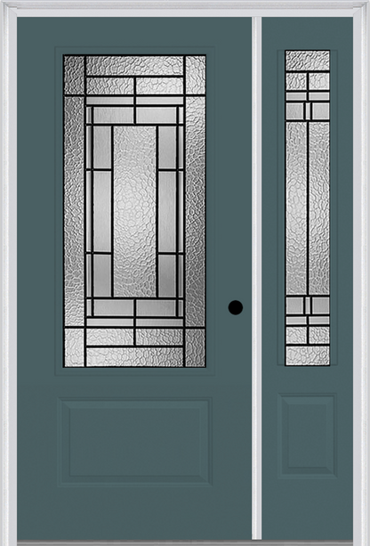 MMI 3/4 Lite 1 Panel 6'8" Fiberglass Smooth Pembrook Patina Exterior Prehung Door With 1 Pembrook Patina 3/4 Lite Decorative Glass Sidelight 608