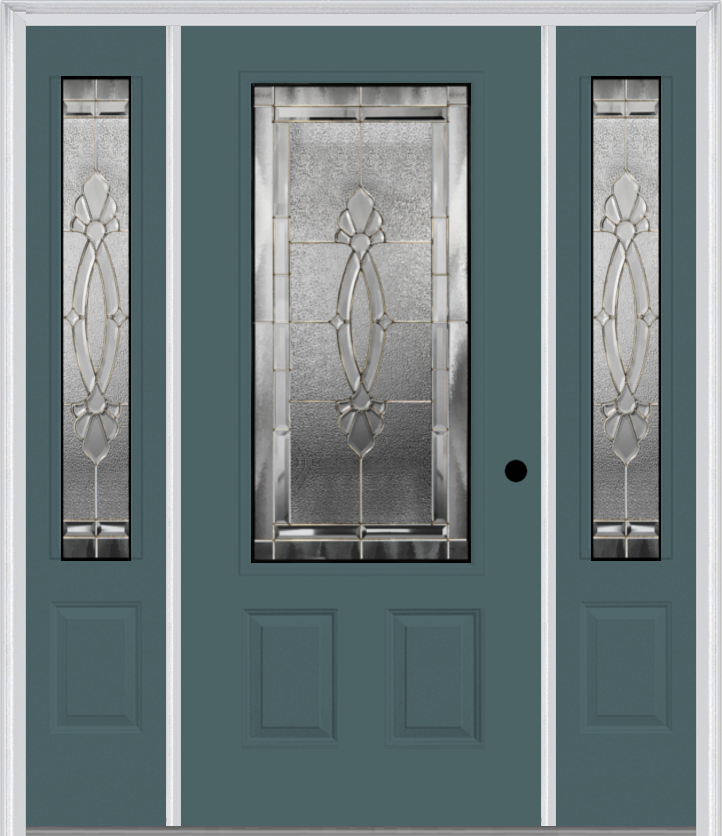 MMI 3/4 Lite 2 Panel 6'8" Fiberglass Smooth Belaire Zinc Exterior Prehung Door With 2 Belaire Zinc 3/4 Lite Decorative Glass Sidelights 607