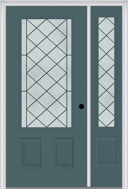 MMI 3/4 Lite 2 Panel 6'8" Fiberglass Smooth Harris Patina Exterior Prehung Door With 1 Harris Patina 3/4 Lite Decorative Glass Sidelight 607