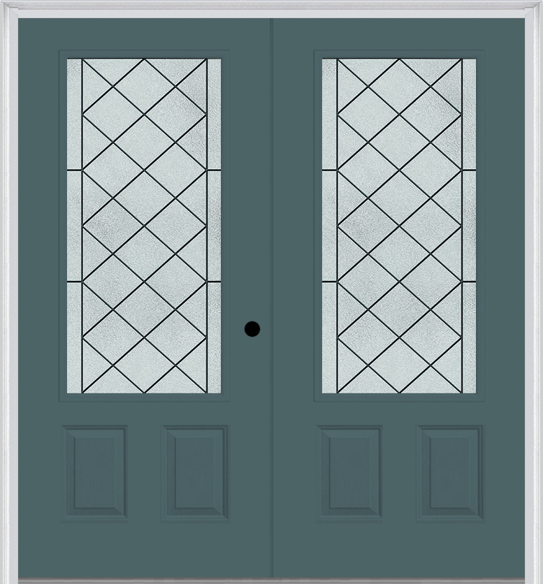 MMI TWIN/DOUBLE 3/4 LITE 2 PANEL 6'0" X 6'8" FIBERGLASS SMOOTH HARRIS PATINA DECORATIVE GLASS EXTERIOR PREHUNG DOOR 607