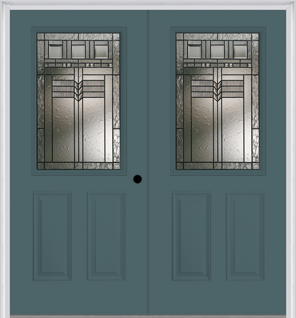 MMI TWIN/DOUBLE 1/2 LITE 2 PANEL 6'8" FIBERGLASS SMOOTH OAK PARK PATINA DECORATIVE GLASS EXTERIOR PREHUNG DOOR 684